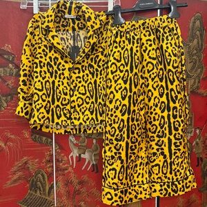 NEW Dolce and Gabbana Silk Pajamas Leopard Lemon Yellow Animal Print